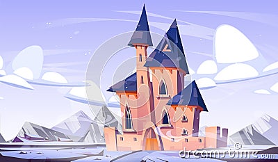 Winter fantasy castle in kingdom with snow cartoon Vector Illustration