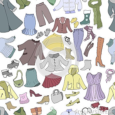 Winter fashion woman's collection - clothes, shoes and accessories. Seamless pattern, vector illustration Vector Illustration