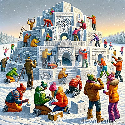 Winter Festivity in Living Color: Group Building a Snow Fort Stock Photo