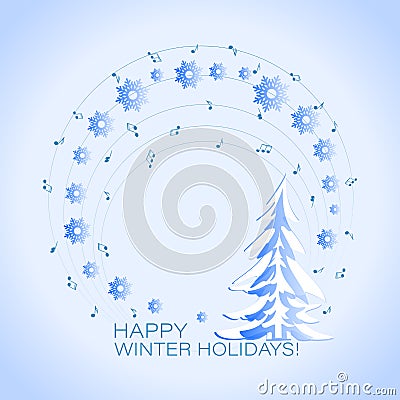 Winter fir. Musical holiday card. Vector Illustration