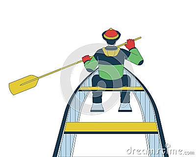 Winter fisherman boating with paddle 2D linear cartoon character Vector Illustration