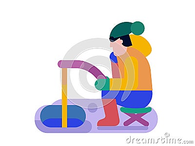 Winter Fisherman Fishing on Ice Hole in Flat Vector Illustration