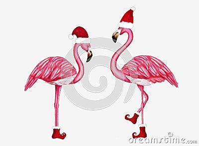 Winter flamingo in Santa hat and shoes. Christmas design for cards, backgrounds, fabric, wrapping paper. Merry Christmas Stock Photo