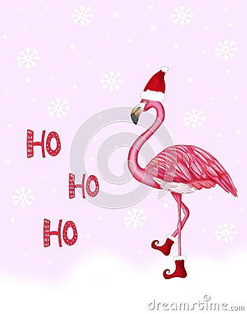 Winter flamingo in Santa hat and shoes. Merry Christmas and Happy New Year vertical greeting card. Watercolor decoration on soft Stock Photo