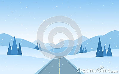 Winter flat snowy Mountains landscape with road, pines and hills Vector Illustration