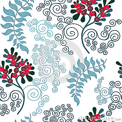 Winter Flora Leaves and Berries Seamless Pattern, Botanical Winter Surface Pattern, Vector Repeat Pattern Vector Illustration