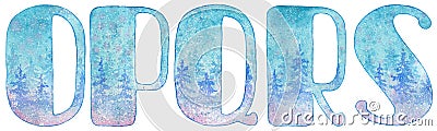 Winter font with snow and Christmas trees, letters painted in watercolor, for inscriptions, lettering and monograms Stock Photo