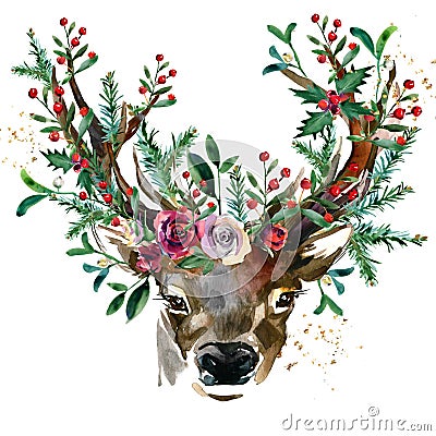 Winter forest animal Christmas watercolor backgroun. Wild deer illustration. Cartoon Illustration