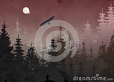 Winter forest with bald eagle in flight, blue background, vector mountain landscape. Christmas tree firs with full moon Vector Illustration