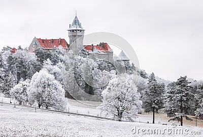 Winter Forest clouds Landscape with Smolenice castle, Slovakia Stock Photo