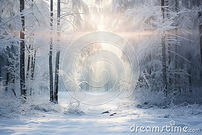 Winter forest with frost and snow, sun rays penetrate through the trees Stock Photo