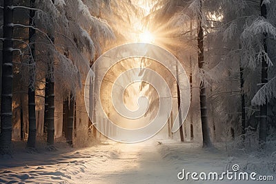 Winter forest with frost and snow, sun rays penetrate through the trees Stock Photo