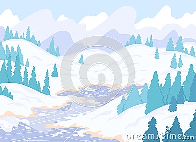 Winter forest frozen river. Nature landscape background Vector Illustration