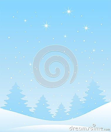 Winter forest landscape. Christmas background for greeting card. Blue sky with snow and stars, snowy forest. Vector Vector Illustration