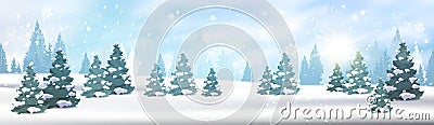 Winter Forest Landscape Horizontal Banner Pine Trees Falling Snow White View Blue Sky Christmas Concept Vector Illustration