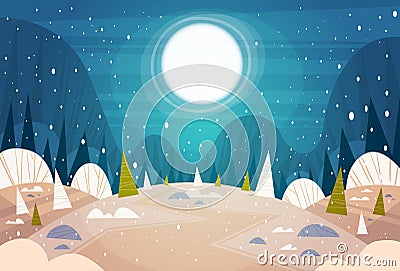 Winter Forest Landscape Moon Shining Over Snowy Trees, Merry Christmas And Happy New Year Banner Holidays Concept Vector Illustration