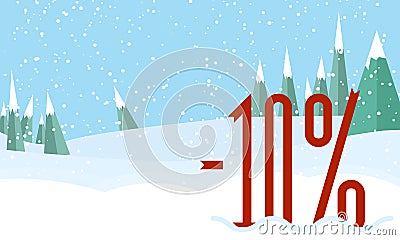 Winter forest landscape,snowy sky. Red Percent on snow.Flat style Vector Illustration