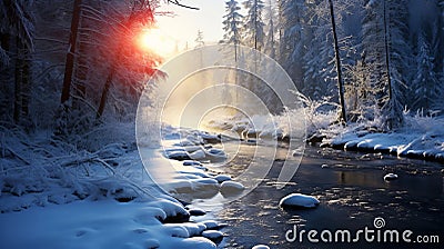 Winter forest landscapewith river. AI generated Stock Photo