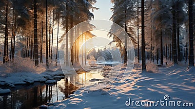 Winter forest landscapewith river. AI generated Stock Photo