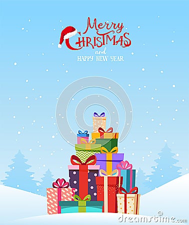 Winter forest with a large pile of gifts in the snow. Christmas card. Christmas background for congratulations. Vector Vector Illustration