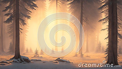 Winter forest in the morning during sunrise, sunlight penetrates the fog, warm colors, AI generation Stock Photo