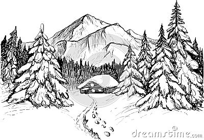 Winter forest in mountains vector illustration. Snowy firs and house. Vector Illustration
