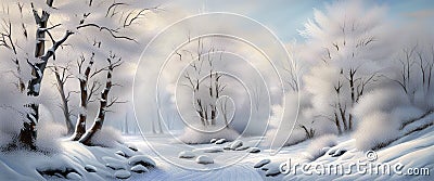Winter forest northern nature landscape with trees and river covered with snow. Cartoon Illustration