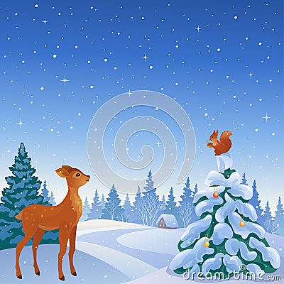 Winter forest scene Vector Illustration