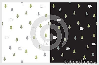 Winter Forest Seamless Vector Pattern with Green Chistmas Trees. Vector Illustration