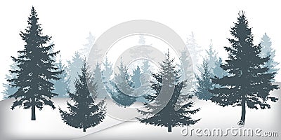 Winter forest, silhouettes of beautiful spruce trees Vector Illustration