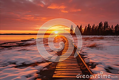 Winter Forest with Snowy Lake, Frozen Ice, Bright Sunshine, Sunset View, and Serene Footpath Stock Photo