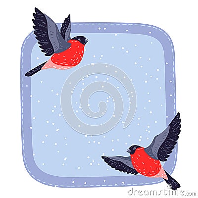 Winter frame with birds bullfinches. Merry Christmas and Happy New Year card. Vector Illustration