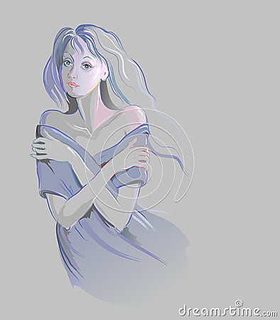 Winter freeze. Drawing of a young woman who is cold in winter. Sketch of girl on grey paper background. Imitation of gouache Vector Illustration