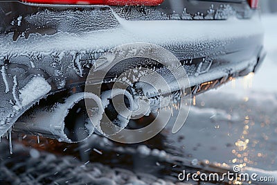 Winter freeze Frost coats the exhaust of a vehicle up close Stock Photo