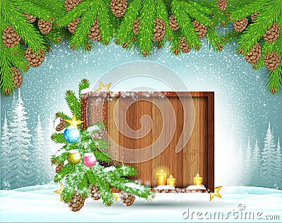 Winter frost landscape with square wood border stand on snow under fir tree branch. Christmas background Vector Illustration