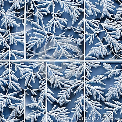 1562 Winter Frost Patterns: A serene and wintry background featuring frost patterns on windows, icy textures, and a tranquil and Stock Photo