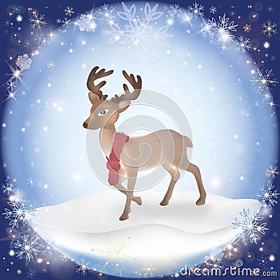 Winter frosty snow background with a Christmas Deer Vector Illustration