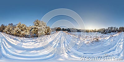 Winter full spherical hdri panorama 360 degrees angle view on snowdrift path in snowy pinery forest in equirectangular projection Stock Photo