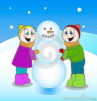 Winter fun. Children building snowman Vector Illustration