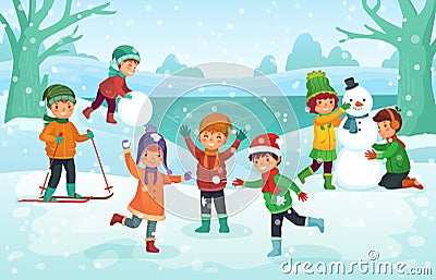 Winter fun for kids. Happy cute children playing outdoors in winters hats. Christmas winter holiday cartoon vector Vector Illustration