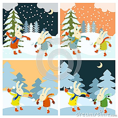 Winter games of hares Vector Illustration