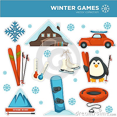 Winter games, sports and pastime hobbies set with snowflakes Vector Illustration