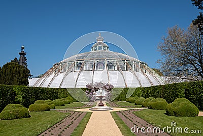 The Winter Garden with crown on top, part of the Royal Greenhouses at Laeken, Brussels, Belgium. Editorial Stock Photo