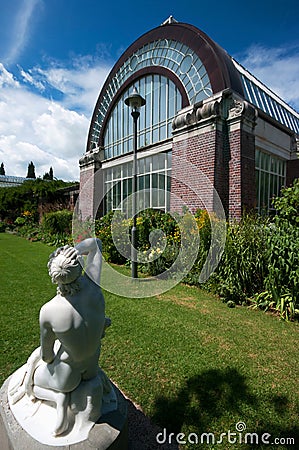 Winter Gardens Statue and Glasshouse Editorial Stock Photo
