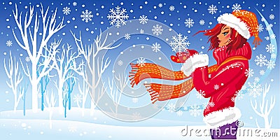 Winter girl and snowfall. Vector Illustration