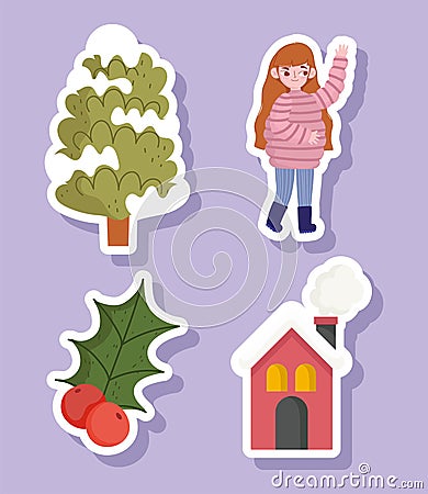 winter girl warm clothes, tree and house icons set cartoon Vector Illustration