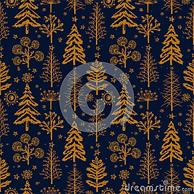 Winter gold seamless Christmas pattern for design packaging paper, postcard, textiles Vector Illustration