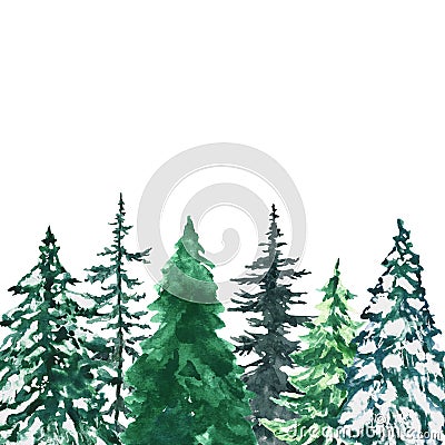 Watercolor snowy pine and spruce trees on white background. Winter evergreen forest landscape, greenery plants for holiday design Cartoon Illustration
