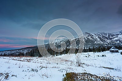 Winter on Hala Gasienicowa in the Tatra Mountains at dusk, Poland Stock Photo