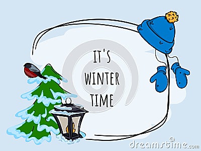 Winter hand drawn bright vector illustration, postcard with hat, mittens, bullfinch, Christmas tree and street lamp Vector Illustration
